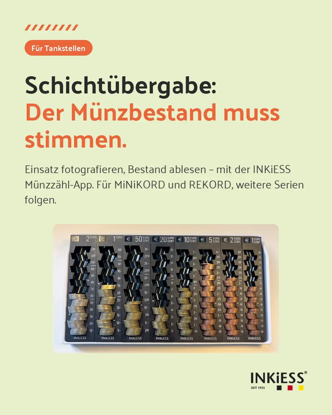 Produktkarte für Tankstellen: INKiESS REKORD Einsatz mit Münzen und das Zählergebnis der INKiESS Münzzähl-App